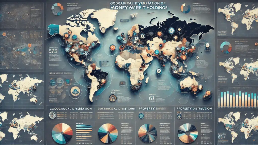 An interactive-style map illustrating the geographical diversification of properties under Money 6x REIT Holdings. The map highlights global regions with color-coded shading and markers to indicate property locations. Key cities and regions are prominently labeled, and a clear legend provides context for the distribution. The design is modern and professional, emphasizing clarity and ease of understanding.