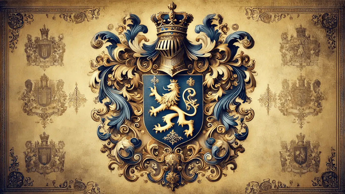 A noble coat of arms with gold, silver, and blue tones, symbolizing European aristocracy and heritage, set against a vintage, parchment-like background.