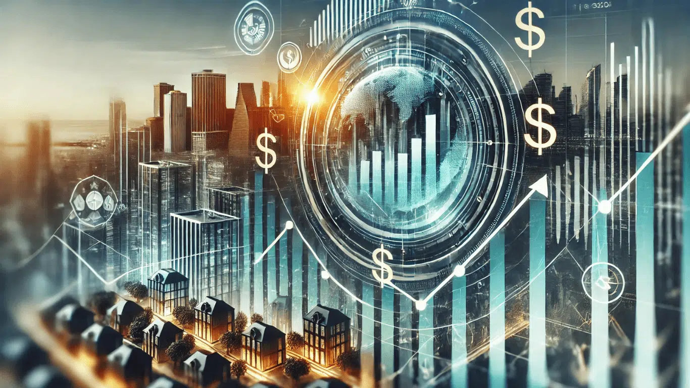 Modern and professional illustration representing innovative real estate investment strategies, featuring a stylized skyline with graphs and charts symbolizing high-yield opportunities and portfolio diversification in Money 6x REIT Holdings.