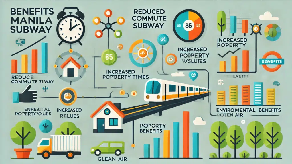 An infographic illustrating the benefits of the Metro Manila Subway. It highlights reduced commute times using clock and train icons, increased property values with bar graphs and house symbols, and environmental advantages with trees, clean air symbols, and green energy icons.