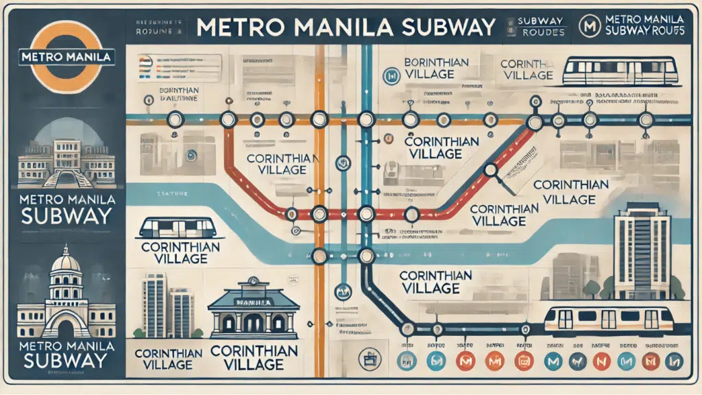 A detailed map of the Metro Manila Subway route with labeled stations, highlighting the line passing under Corinthian Village. Color-coded lines and icons represent key landmarks and transfer points for clarity.