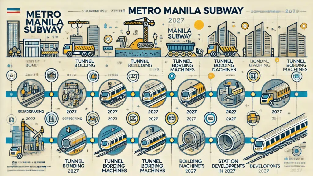 A timeline infographic showing the construction milestones of the Metro Manila Subway, from groundbreaking to expected completion in 2027. Includes icons for construction phases, tunnel boring machines, and station developments.