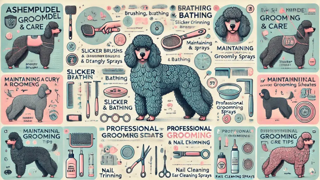 Infographic: Ashempudel Grooming and Care Tips - Step-by-step guide covering brushing, bathing, and curly coat maintenance, featuring illustrations of grooming tools and schedules.