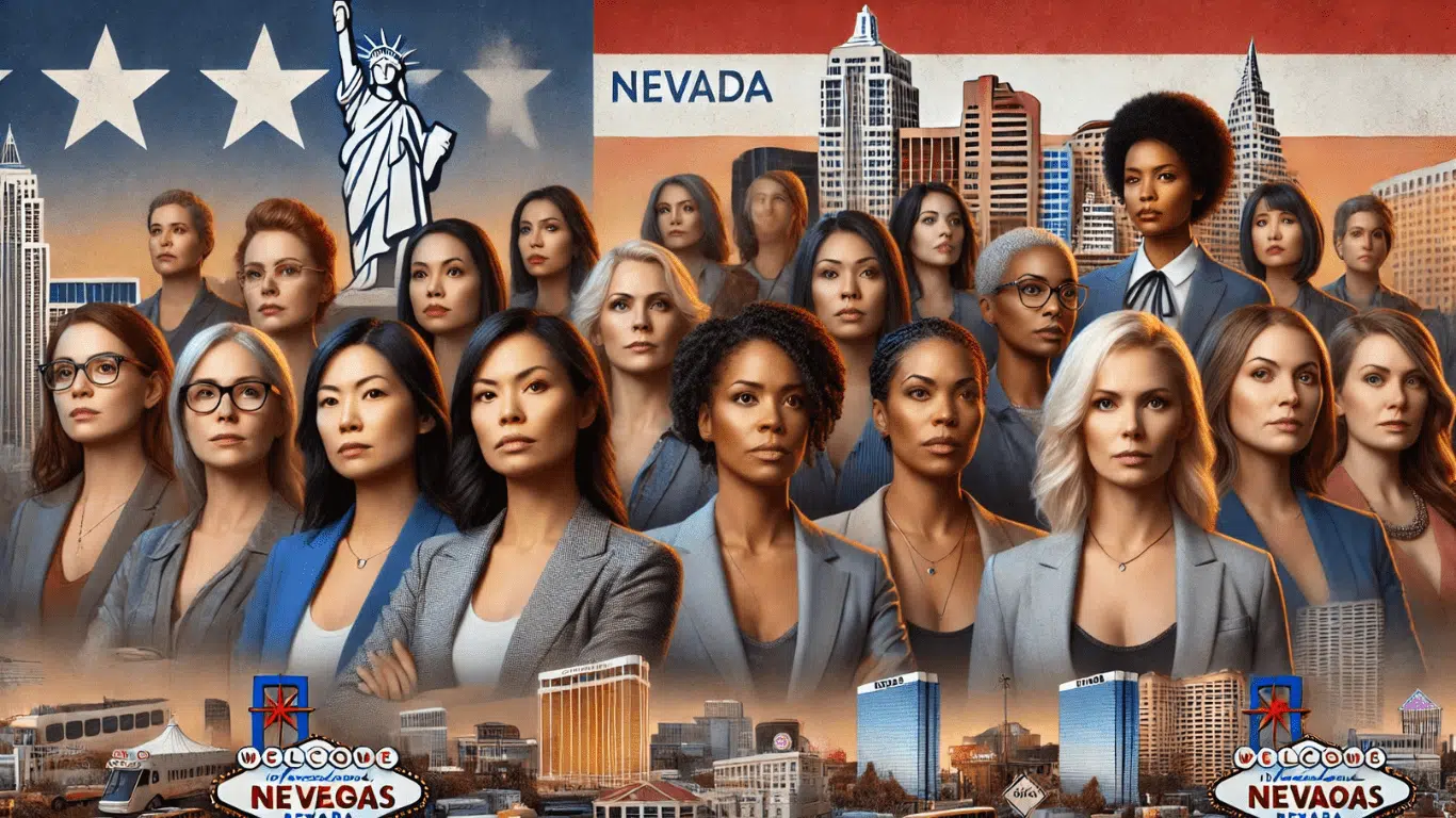 A diverse group of women in Nevada, standing confidently in front of a cityscape, symbolizing financial empowerment and overcoming economic struggles. The women are of various ethnicities, dressed professionally, and convey hope and resilience against challenges like rising housing costs and wage inequality.