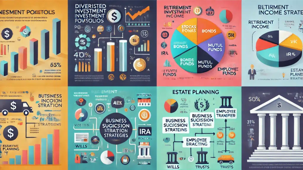 1-An infographic illustrating diversified portfolios and risk mitigation strategies. 2-A pie chart displaying retirement income sources like 401(k)s, IRAs, and pensions. 3-Flowchart depicting steps in business succession planning and employee benefit strategies. 4-Diagram showing estate planning steps and tax-efficient strategies.