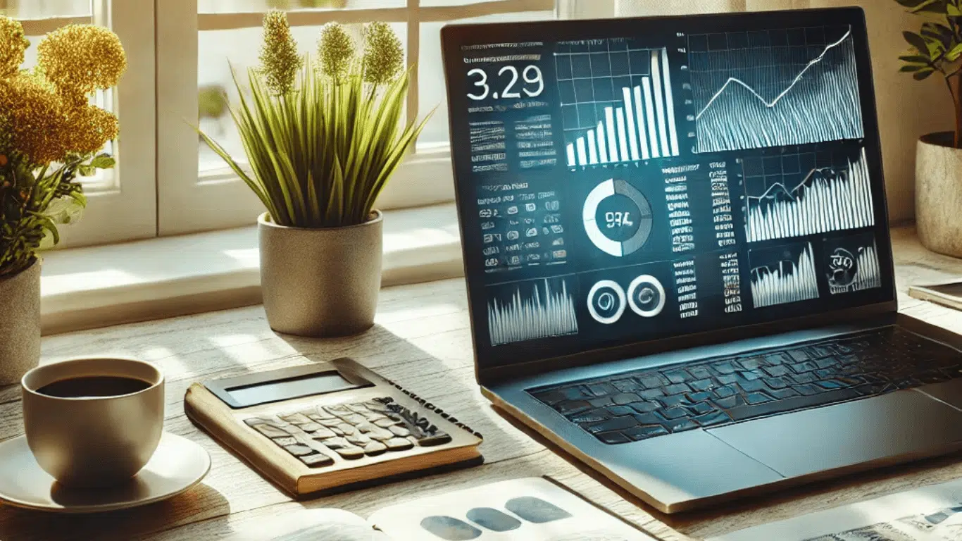 Professional financial advisor's desk with charts, graphs, and organized tools for wealth management and financial planning.