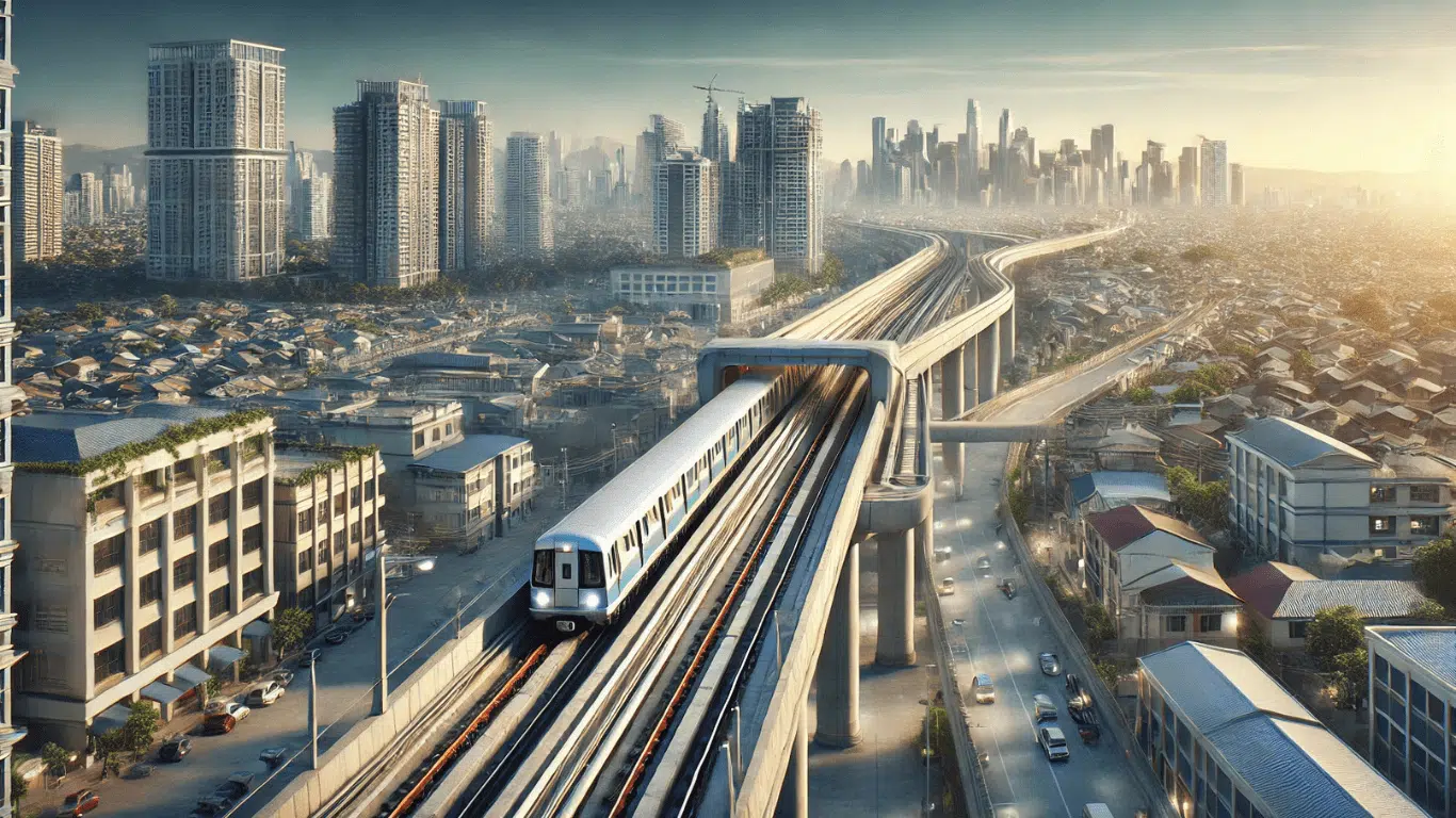 An artist’s rendering of the Metro Manila Subway project showcasing modern underground rail infrastructure. The image highlights sleek subway trains, well-lit platforms, and automated systems, symbolizing efficient urban transportation and connectivity. A visual representation of Corinthian Village’s strategic location along the subway route emphasizes enhanced accessibility and urban development.