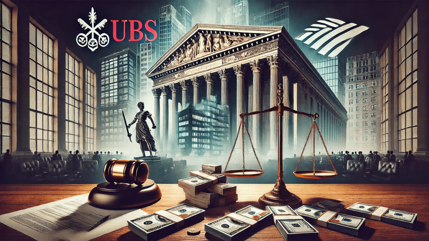 Legal dispute between UBS and Bank of America, featuring a courtroom setting with a scale of justice, stacks of mortgage-backed securities, financial documents, and subtle logos of UBS and Bank of America, symbolizing a serious financial lawsuit.