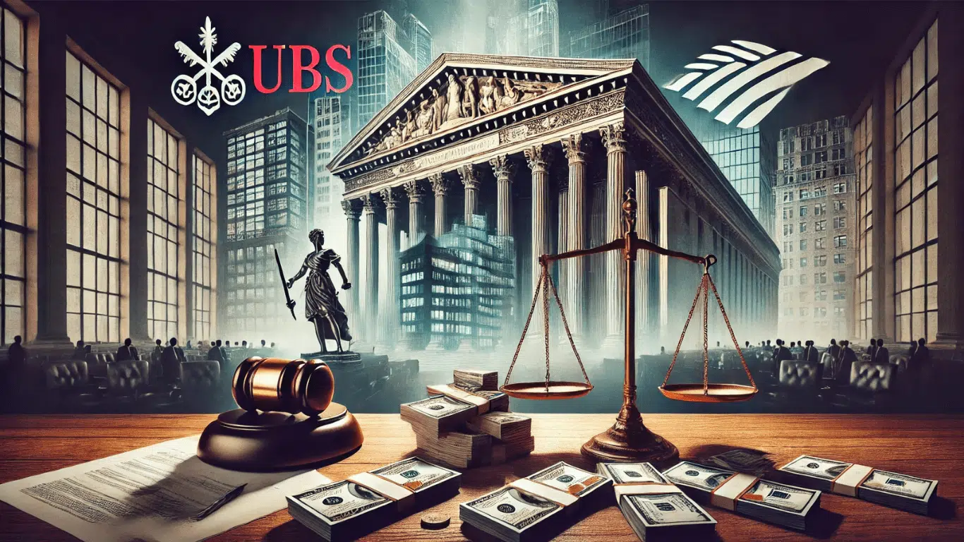 Legal dispute between UBS and Bank of America, featuring a courtroom setting with a scale of justice, stacks of mortgage-backed securities, financial documents, and subtle logos of UBS and Bank of America, symbolizing a serious financial lawsuit.