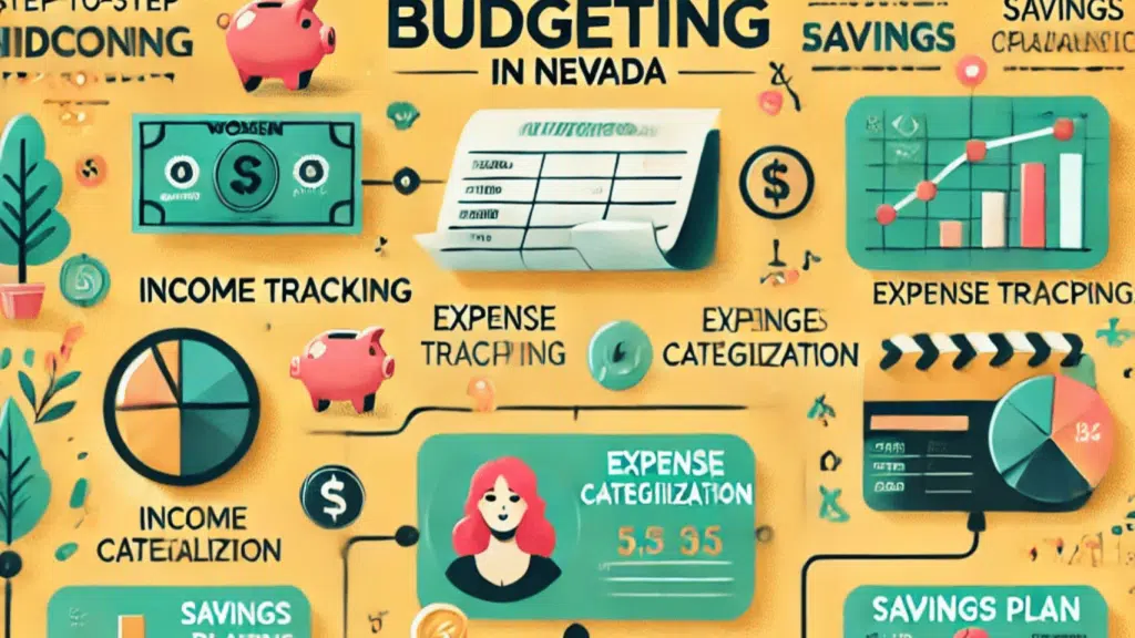 Infographic outlining budgeting tips for women in Nevada, featuring strategies for expense tracking, cutting costs, saving for emergencies, and accessing financial assistance programs.