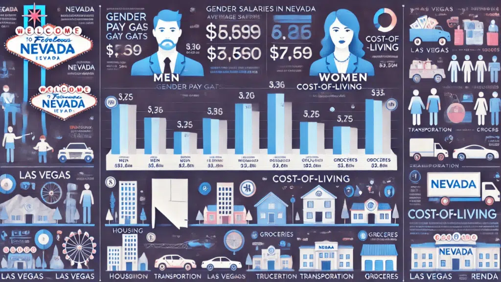 Infographic comparing gender pay gaps and cost-of-living expenses in Nevada, including housing, transportation, and grocery costs in cities like Las Vegas and Reno.