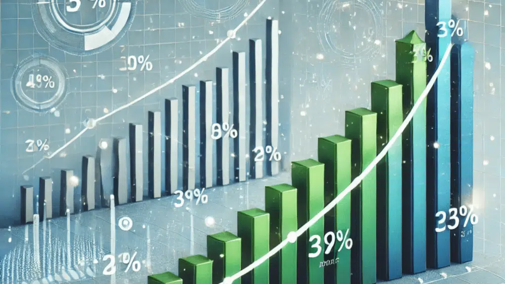 Bar graph showing growth trends and success rates of clients using financial services, with upward-trending bars indicating progress and stability.