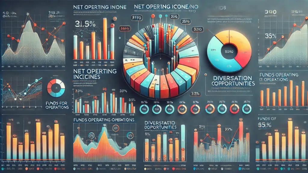 A combination of bar/line and pie charts illustrating financial metrics and diversification. The bar/line charts display Net Operating Income (NOI) and Funds from Operations (FFO) over time with distinct colors and labeled axes. The pie charts represent diversification opportunities, showing sector and geographic distributions with labeled segments in a vibrant color palette. The design is modern and includes clear legends and annotations for key data points.