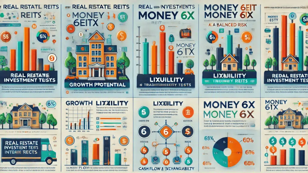 An infographic comparing traditional REITs (Real Estate Investment Trusts) and Money 6x REIT Holdings. It features three sections: Growth Potential, Liquidity, and Risk Factors. Growth Potential is visualized with a bar chart showing Money 6x's higher potential. Liquidity uses icons of cash flow and exchangeability to highlight the higher liquidity of Money 6x compared to traditional REITs. Risk Factors are represented with a scale graphic indicating balanced risk for Money 6x and higher volatility for traditional REITs. The design is clean and professional, with vibrant colors and clear labels.