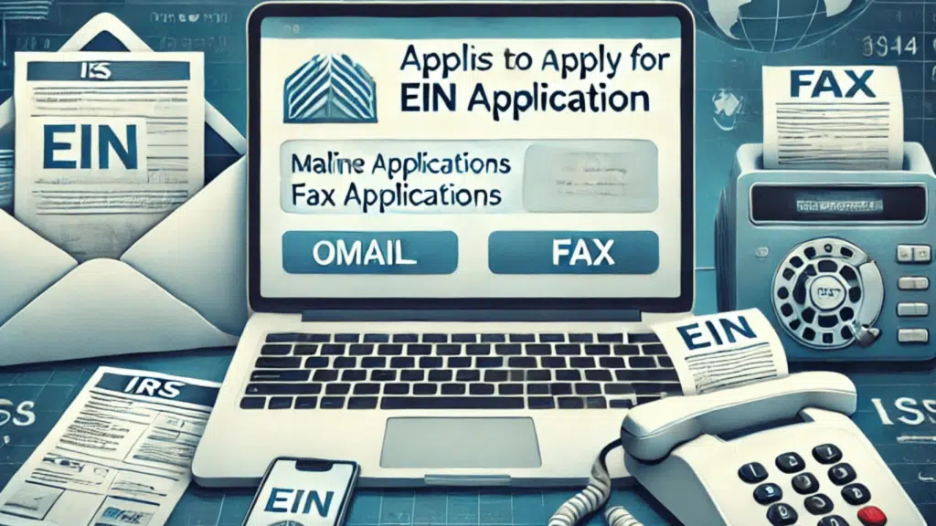 Composite image showing methods to apply for an EIN, including a laptop screen displaying the IRS online application page, an envelope with a stamp for mail applications, a fax machine, and a phone with international dialing codes and a globe for global accessibility.