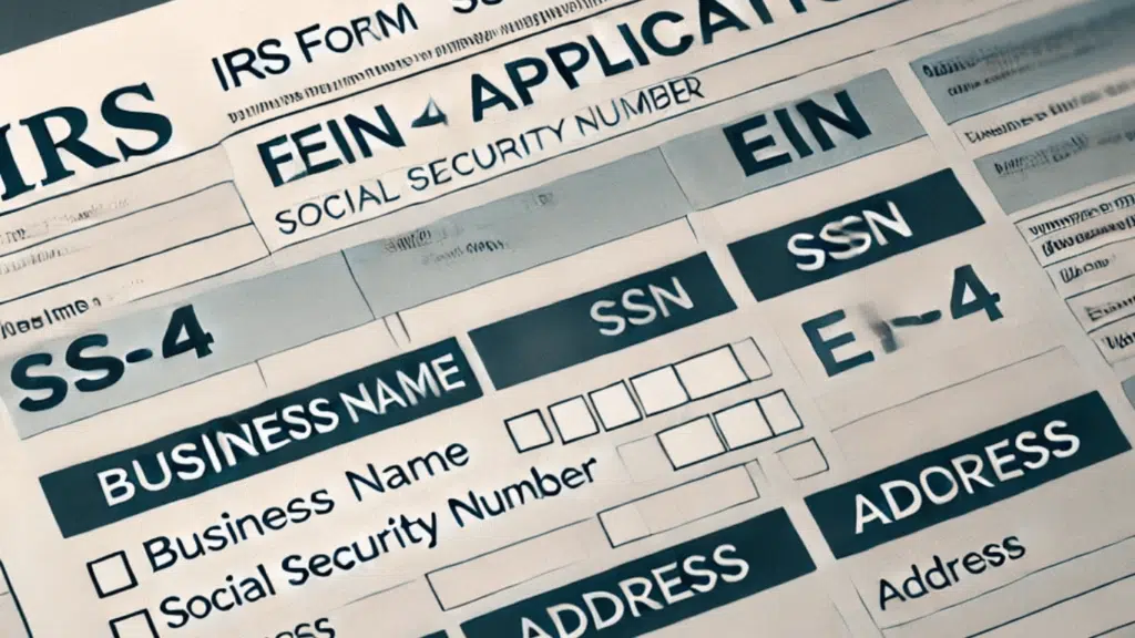Sample IRS Form SS-4 for EIN application with highlighted fields, including business name, SSN, address, and contact details, emphasizing required sections for accurate application preparation.