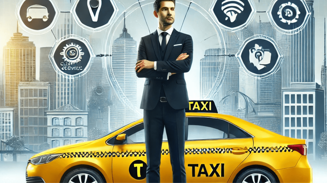 Illustration of a modern taxi business setup featuring a professional taxi driver, a fuel-efficient yellow cab, and digital taxi booking elements. The image highlights key aspects of running a profitable one-car taxi business, including customer service, financial growth, and ride-booking technology.
