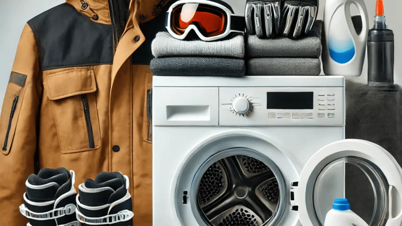 A neatly arranged set of ski clothes, including a jacket, pants, gloves, and goggles, placed beside a washing machine with detergent, symbolizing proper ski clothing care.