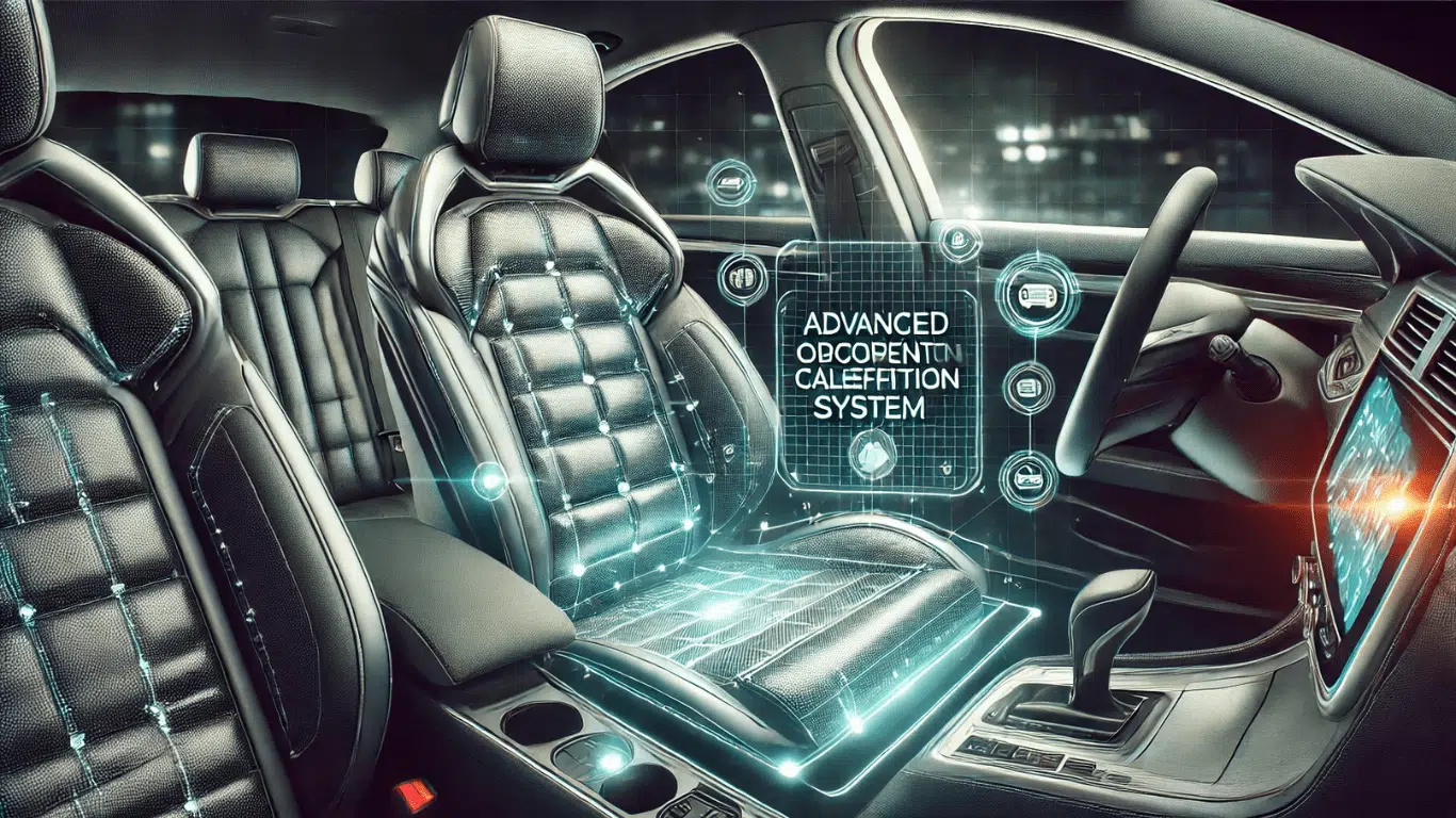 Modern car interior focusing on the driver's seat with advanced occupant classification system sensors, showing a digital interface for occupant detection and airbag deployment control, highlighting vehicle safety technology.