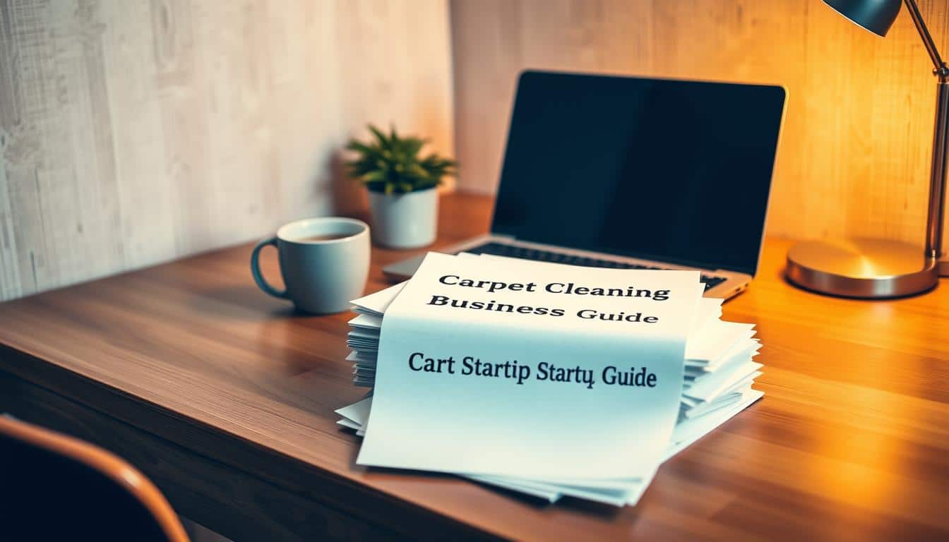 A cozy home office setting with a wooden desk, a laptop, and a stack of papers labeled "Carpet Cleaning Business Startup Guide". Warm, soft lighting casts a gentle glow, creating a welcoming atmosphere. On the desk, a potted plant and a mug of steaming coffee add personal touches. The background features a neutral-toned, textured wallpaper, hinting at the professional yet homely nature of the space. The overall composition conveys a sense of planning, organization, and the excitement of starting a new venture in the carpet cleaning industry.