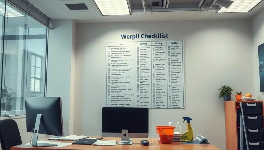 A modern, well-lit office interior with a large, detailed carpet cleaning checklist displayed on the wall. The checklist contains 101 itemized steps in a clear, organized layout. In the foreground, a desk with a computer, documents, and cleaning supplies. Overhead lighting casts a warm, professional glow, and the scene is captured from a slightly elevated, three-quarter angle to showcase the space. The overall mood is one of efficiency, expertise, and a systematic approach to successful carpet cleaning business operations.