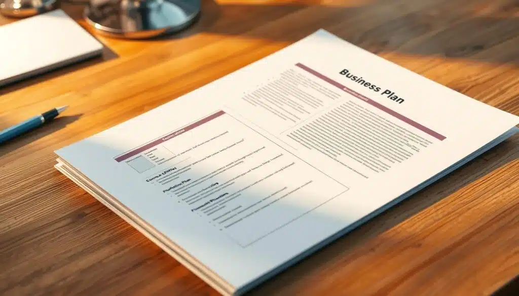 A professional, high-quality, detailed carpet cleaning business plan template example, displayed on a wooden desk with a clean, minimalist aesthetic. The template is neatly organized, with clearly labeled sections such as "Executive Summary," "Services Offered," "Marketing Plan," and "Financial Projections." The template is illuminated by warm, natural lighting, creating a sense of professionalism and attention to detail. The background is blurred, keeping the focus on the business plan template. The overall composition conveys a sense of authority, structure, and thoughtful planning, reflecting the core themes of the "Crafting a Comprehensive Carpet Cleaning Business Plan" section.