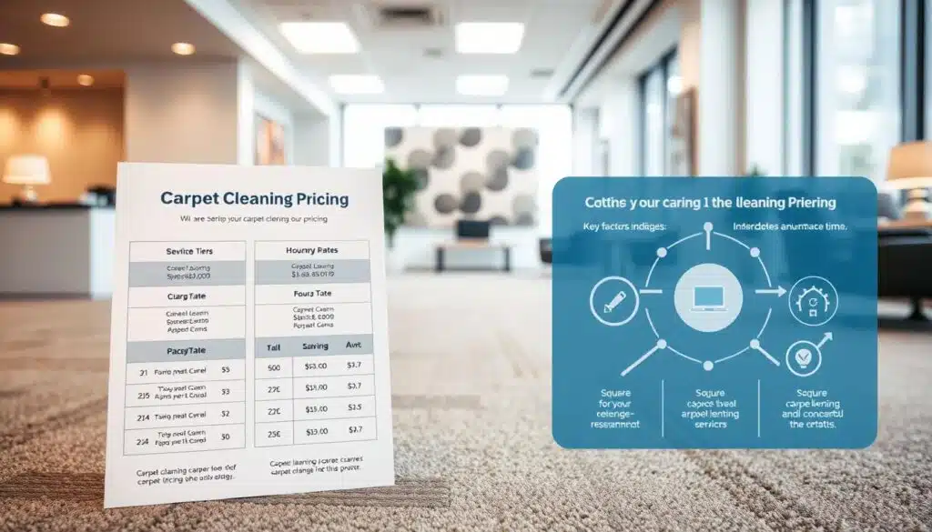 A well-lit, professional-looking office interior with a clean, modern aesthetic. In the foreground, a neatly organized display of carpet cleaning pricing packages, including different service tiers, hourly rates, and package deals. The middle ground features a large, high-resolution stock image of a freshly cleaned carpet, showcasing the quality of work. In the background, a subtle infographic or visual aid illustrates key factors influencing carpet cleaning pricing, such as square footage, stain level, and turnaround time. The overall mood is informative, authoritative, and designed to inspire confidence in the viewer's ability to create an optimal carpet cleaning pricing strategy.