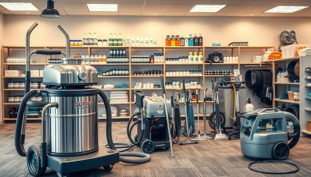A well-lit modern commercial carpet cleaning showroom, showcasing a wide array of professional-grade equipment. In the foreground, a high-powered truck-mounted steam cleaner with stainless steel fittings stands prominently. Beside it, a portable carpet extractor with a clear recovery tank allows the viewer to see the cleaning process. In the middle ground, various wands, hoses, and specialized tools are neatly arranged, demonstrating the comprehensive nature of the setup. In the background, shelves display an assortment of cleaning solutions, protectants, and accessories, all bathed in a warm, inviting lighting scheme that highlights the quality and precision of the equipment.