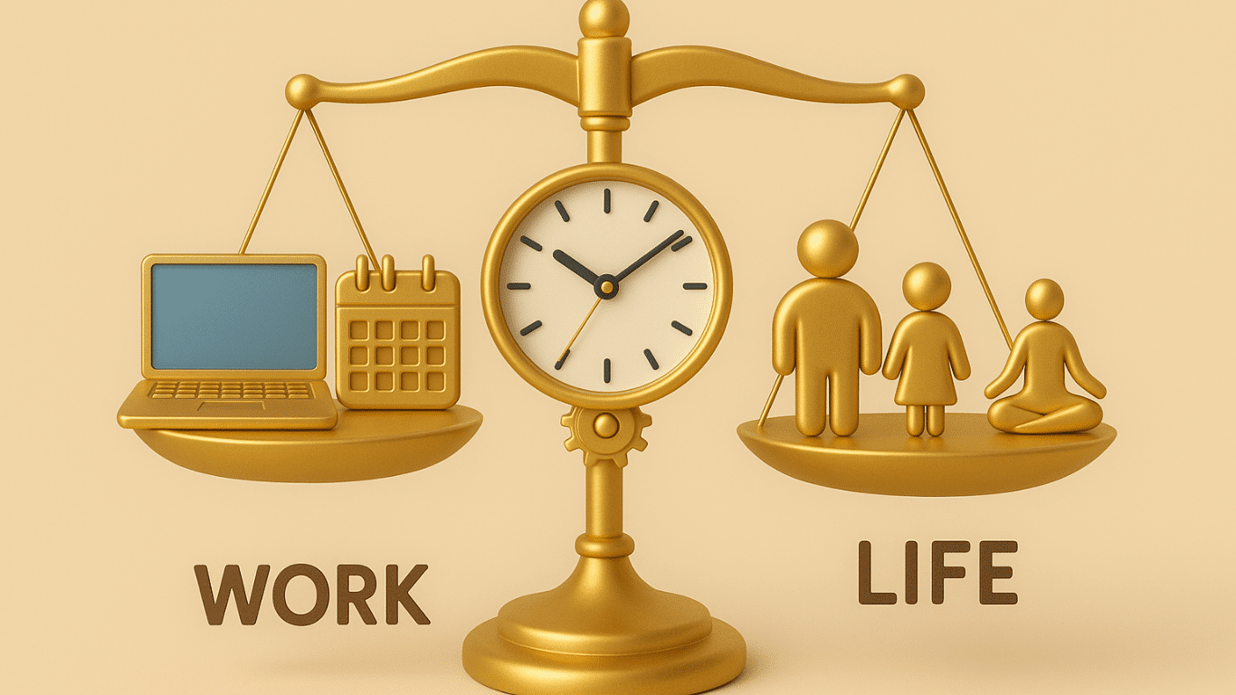 A 3D illustration of a gold scale balancing work icons (laptop/calendar) and life icons (family/yoga) on either side, with a clock mechanism at the center.