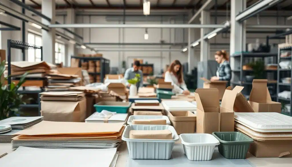 A detailed, well-composed scene depicting various sustainable packaging solutions. In the foreground, an array of eco-friendly materials such as recycled paper, biodegradable plastics, and compostable containers are neatly arranged. In the middle ground, a group of workers carefully assembling these packaging items with a focus on efficiency and quality control. In the background, a modern, minimalist factory setting with clean lines, natural lighting, and a sense of environmental responsibility. The overall atmosphere conveys a balance of innovation, practicality, and a commitment to reducing the carbon footprint of the packaging industry.