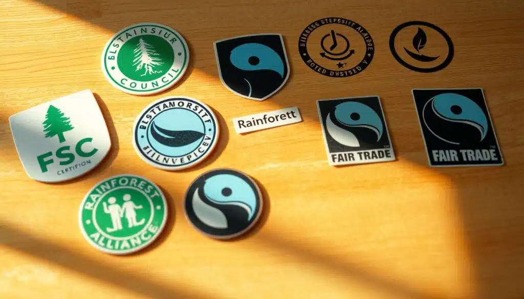 A photorealistic image showcasing a variety of sustainability certifications, including the Forest Stewardship Council (FSC) logo, Rainforest Alliance certification, and Fair Trade seal, arranged neatly on a clean, warm-lit wooden surface. The certifications are presented in a visually striking manner, with shadows and highlights that emphasize their shapes and textures. The lighting creates a sense of depth and materiality, while the overall composition conveys a professional, trustworthy, and environmentally responsible atmosphere.